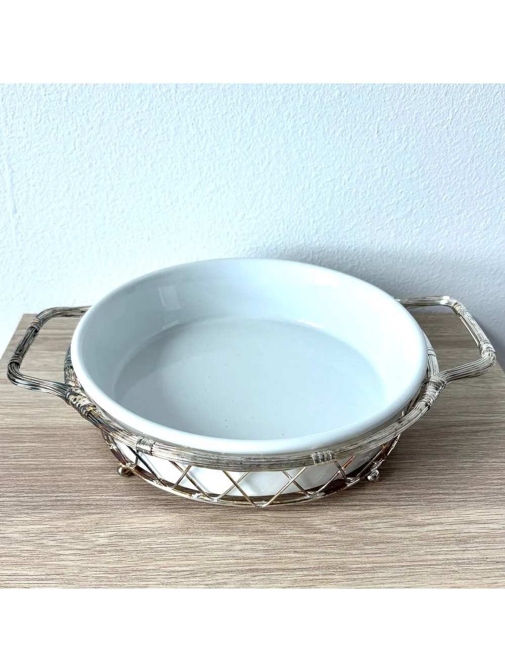 Vintage White Ceramic Casserole Dish Wire Basket Serving Bowl Silver Mid Century